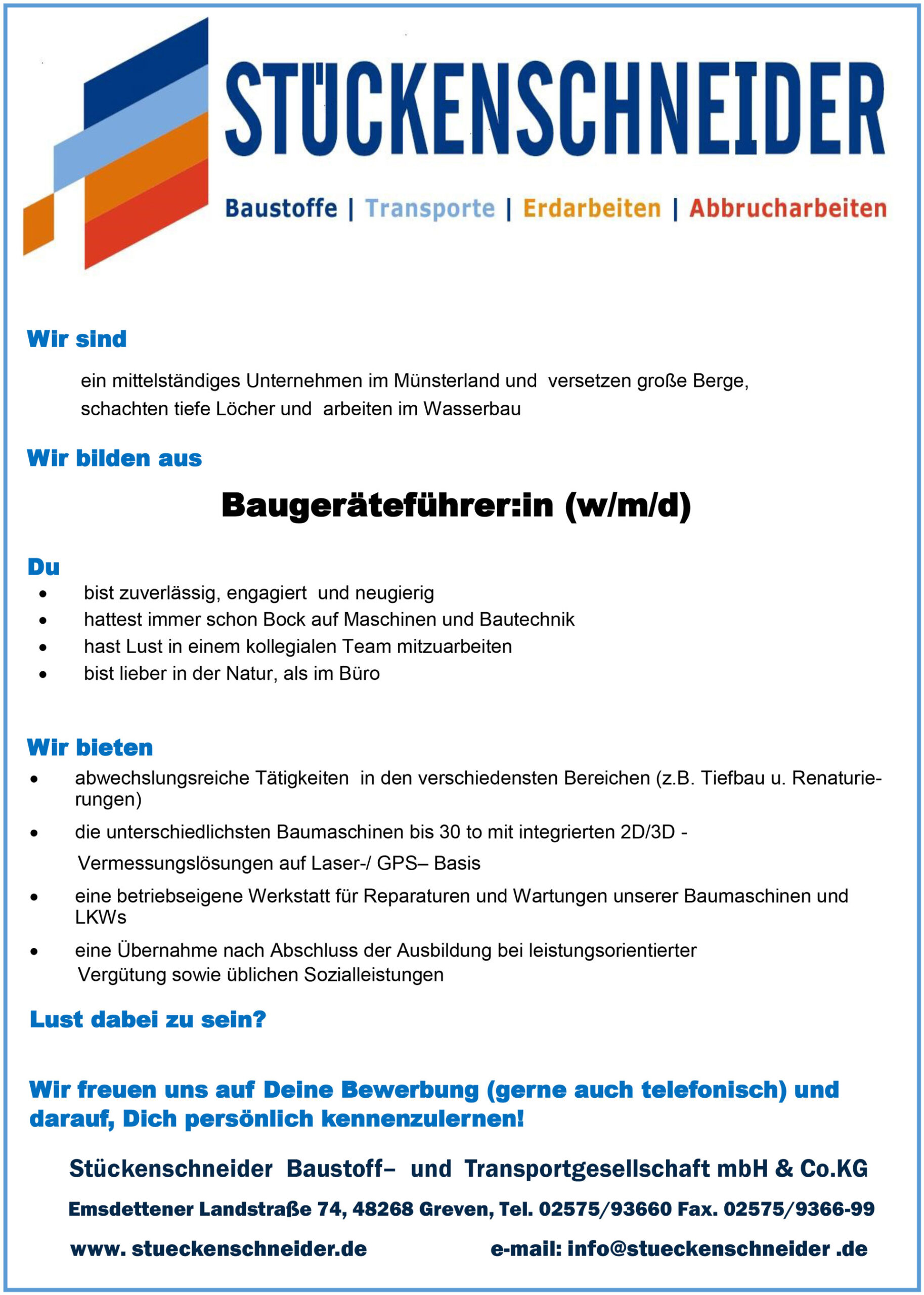 Stückenschneider sucht Baugeräteführer